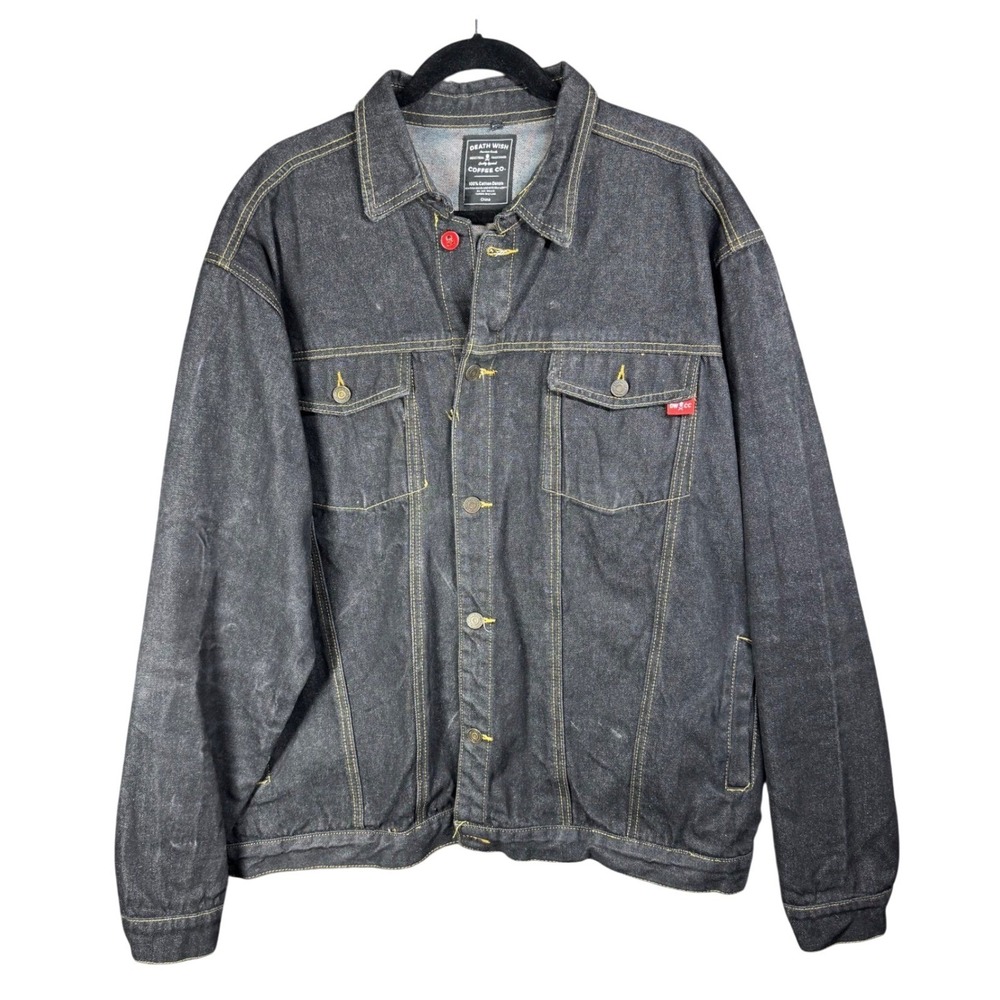 Death Wish Coffee Co. Denim Jacket Black Mens XXL Skull Patch Industrial